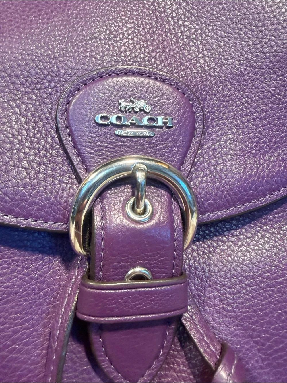 Coach Purple Pebbled Leather Drawstring Backpack with Front Zip Pocket